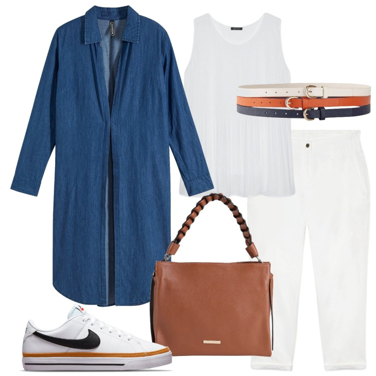 Outfit donna - Camicia lunga con gli spacchi. Stile Casual per Tutti i giorni. Abbinamento con cinture, camicie, borse a mano, sneakers, pantaloni, top.