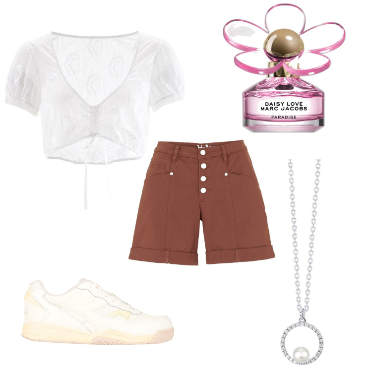 Outfit donna - Total look #1846293. Abbinamento con sneakers, camicie, shorts, profumi, collane.