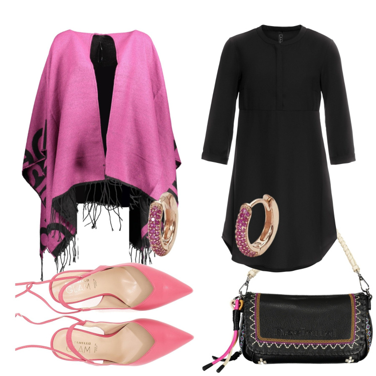 Outfit donna - Nero e ciclamino versione taglie comode. Stile Casual chic per Ufficio. Abbinamento con vestiti, orecchini, décolleté, cappotti, borse a spalla.