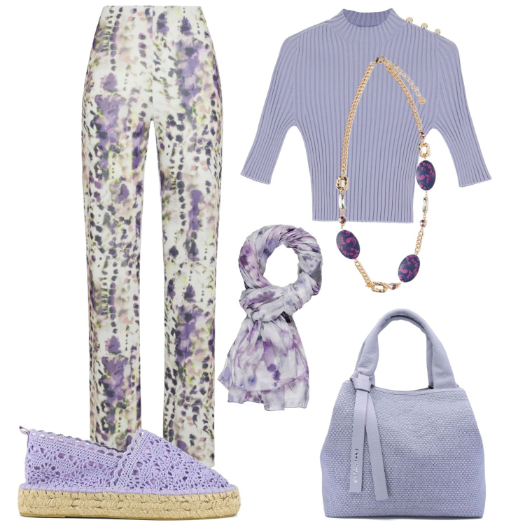Outfit donna - Glicine in fiore. Stile Glamour per Tutti i giorni. Abbinamento con maglieria, espadrillas, pantaloni, borse a mano, ciondoli, sciarpe.
