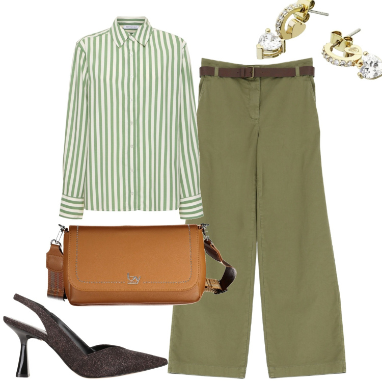 Outfit donna - City. Stile Casual chic per Tutti i giorni. Abbinamento con décolleté, orecchini, pantaloni, vestiti, borse a spalla.