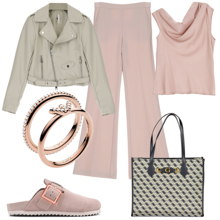 Outfit donna - Trendy con i sabot. Stile Trendy per Tutti i giorni. Abbinamento con anelli, pantaloni, top, giacche, sabot, borse a spalla.