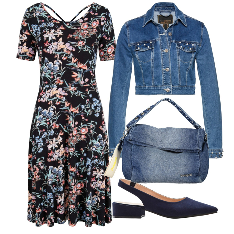 Outfit donna - Fiori. Stile Bon Ton per Tutti i giorni. Abbinamento con vestiti midi/longuette, décolleté, blazer, borse a spalla.