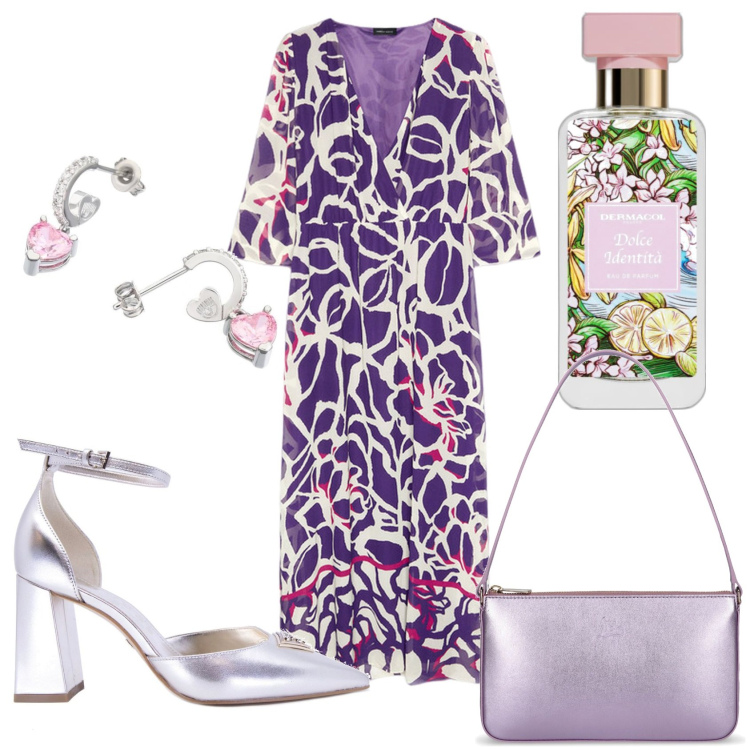 Outfit donna - In viola fantasia. Stile Glamour per Tutti i giorni. Abbinamento con orecchini, profumi, borse a spalla, vestiti lunghi, décolleté.