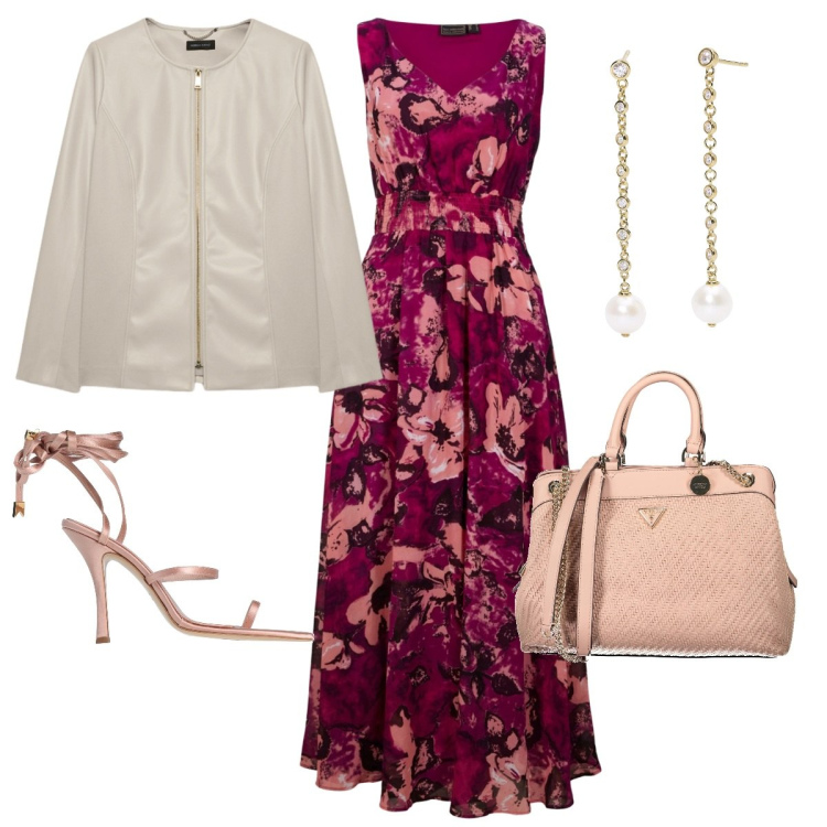 Outfit donna - Floreale per la cerimonia. Stile Glamour per Cerimonia. Abbinamento con vestiti lunghi, infradito, orecchini, blazer, borse a spalla.