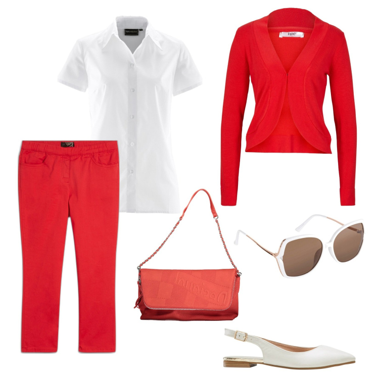 Outfit donna - In rosso e bianco. Stile Minimal per Tutti i giorni. Abbinamento con camicie a manica corta, pantaloni, ballerine, occhiali da sole, blazer, borse a mano.