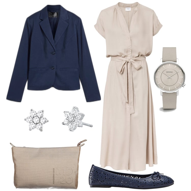 Outfit donna - Al lavoro. Stile Bon Ton per Ufficio. Abbinamento con vestiti chemisier, ballerine, blazer, orologi, orecchini, pochette.