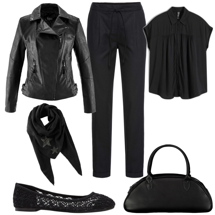 Outfit donna - Total black. Stile Casual chic per Serata fuori. Abbinamento con pantaloni, blazer, camicie a manica corta, ballerine, foulard, borse a spalla.