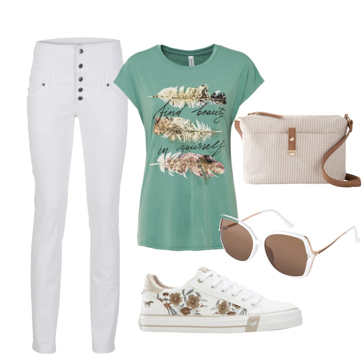 Outfit donna - Spring in white. Stile Casual per Tutti i giorni. Abbinamento con t-shirt, sneakers, pantaloni skinny, borse a tracolla, occhiali da sole.