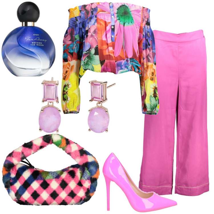 Outfit donna - Spalle scoperte. Stile Casual chic per Tutti i giorni. Abbinamento con décolleté, profumi, orecchini, collane, t-shirt, pantaloni.