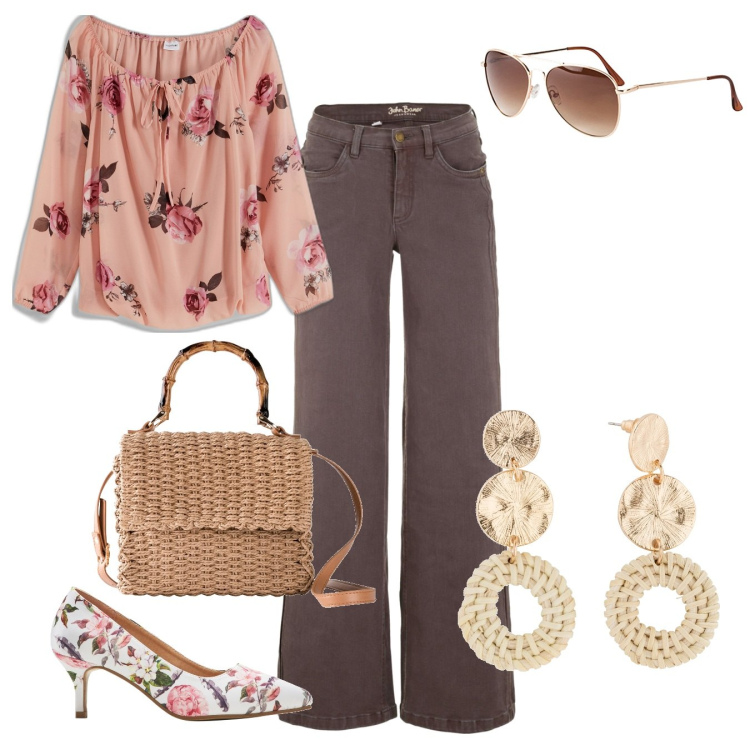 Outfit donna - Happy. Stile Boho per Tutti i giorni. Abbinamento con occhiali da sole, orecchini, jeans, borse a mano, décolleté, bluse.