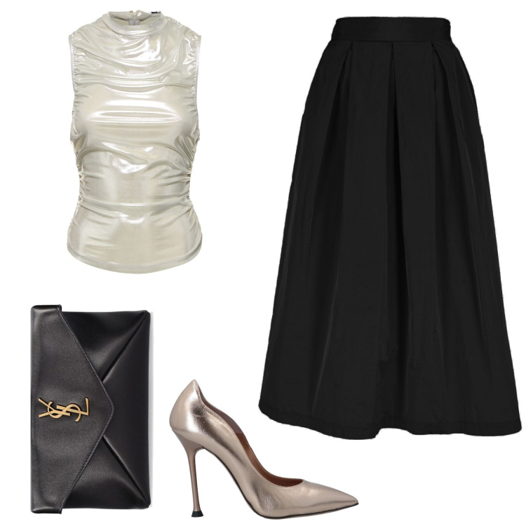 Outfit donna - Gonna elegante. Stile Romantica per Serata fuori. Abbinamento con décolleté, pochette, top, gonne.