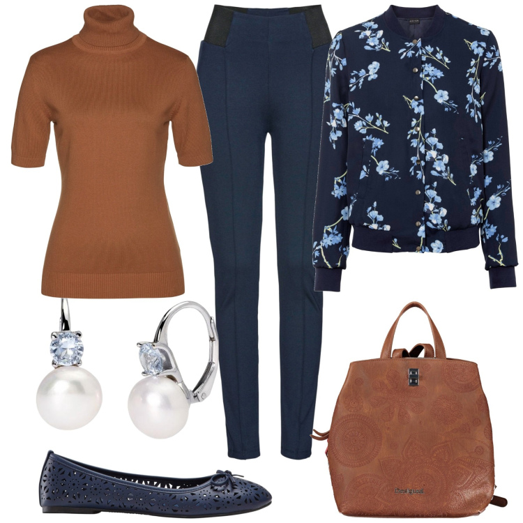 Outfit donna - In ufficio. Stile Chic per Ufficio. Abbinamento con bomber, maglieria, ballerine, leggings, orecchini, zaini.