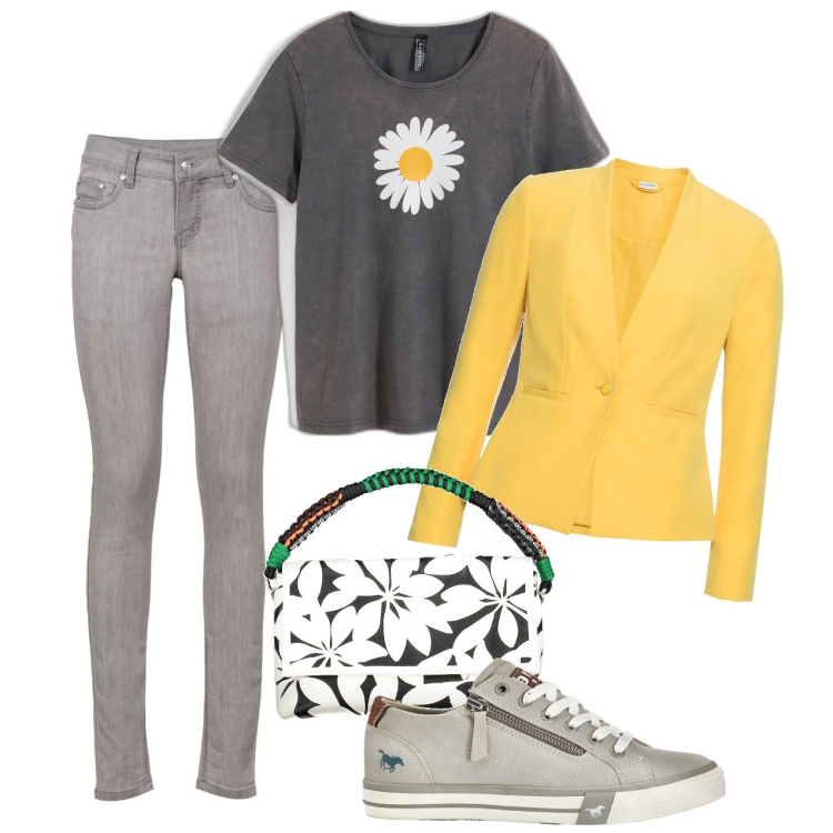 Outfit donna - Margherita. Stile Basic per Tutti i giorni. Abbinamento con blazer, t-shirt, jeans skinny, sneakers, borse a spalla.