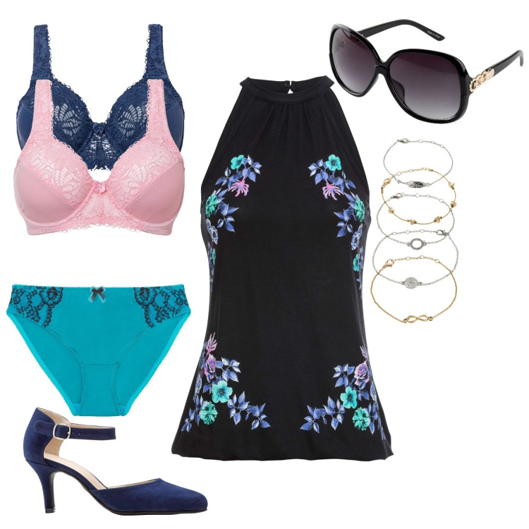 Outfit donna - Fiesta latina. Stile Sexy per Serata fuori. Abbinamento con top, décolleté, occhiali da sole, braccialetti con ciondoli, reggiseni, culotte.