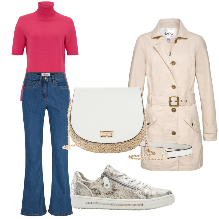Outfit donna - Aperitivo. Stile Trendy per Tutti i giorni. Abbinamento con jeans bootcut, trench, maglieria, sneakers, borse a tracolla.