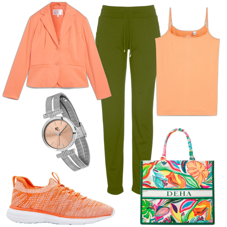 Outfit donna - Sporty chic. Stile Sporty chic per Tutti i giorni. Abbinamento con sneakers, pantaloni, blazer, top, orologi, shopping bag.