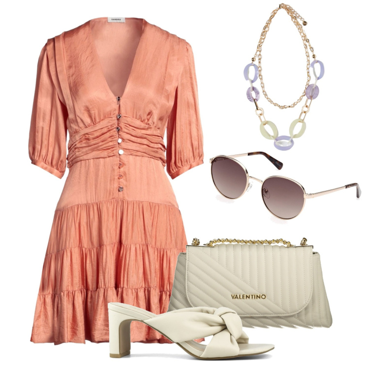 Outfit donna - Total look #1846440. Stile Boho per Cerimonia. Abbinamento con vestiti corti, sandali col tacco, ciondoli, occhiali da sole, borse a tracolla.