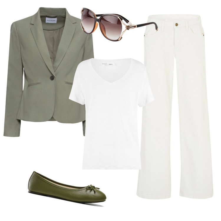 Outfit donna - Total look #1846441. Stile Minimal per Tutti i giorni. Abbinamento con blazer, maglieria, occhiali da sole, jeans, ballerine.