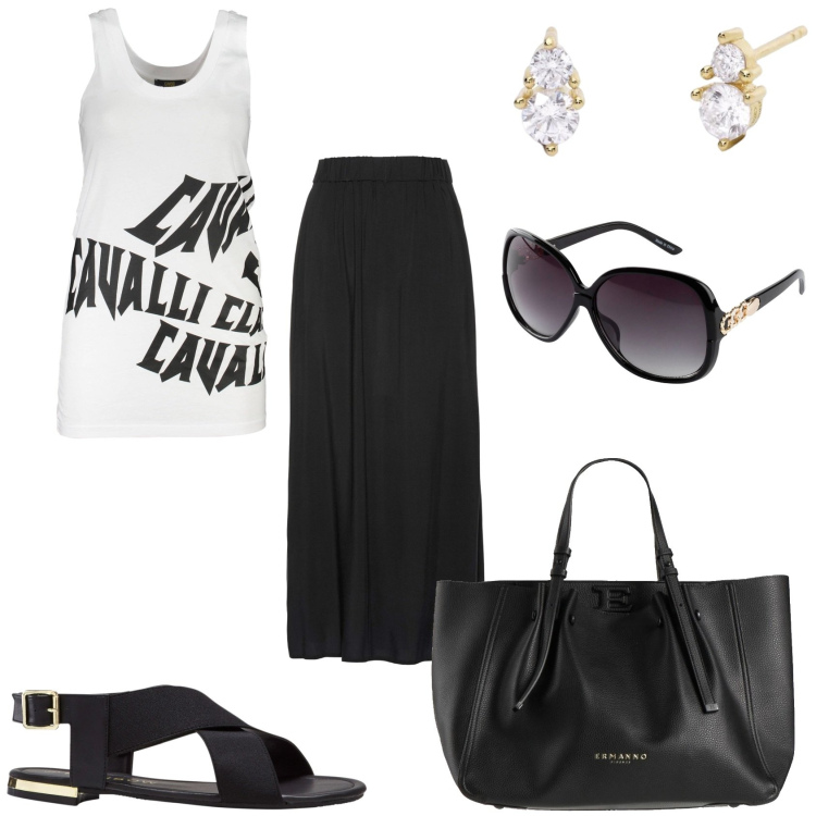 Outfit donna - Posso stare fuori casa. Stile Trendy per Tutti i giorni. Abbinamento con occhiali da sole, sandali, gonne lunghe, borse a mano, orecchini, canottiere.