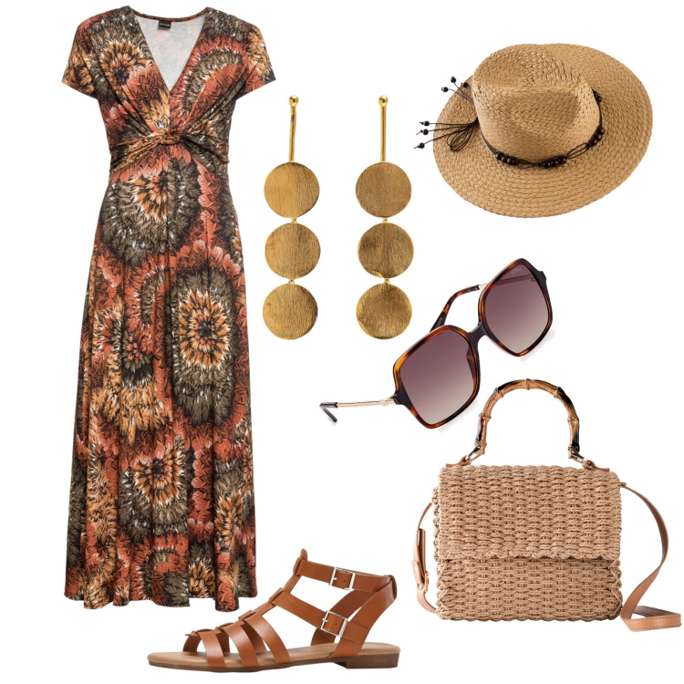 Outfit donna - Boho colazione in giardino. Stile Boho Abbinamento con vestiti lunghi, borse a mano, cappelli, sandali, occhiali da sole, orecchini.