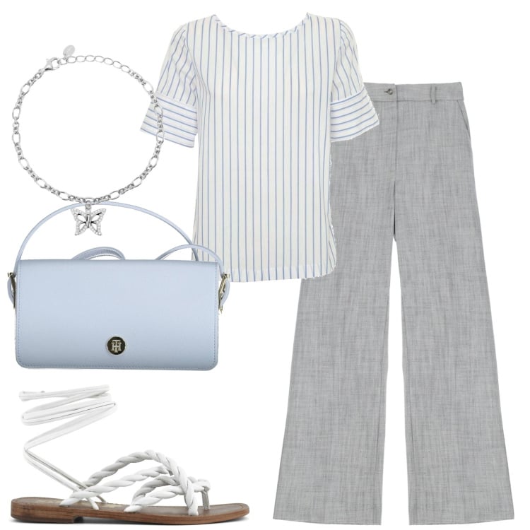 Outfit donna - City. Stile Minimal per Tutti i giorni. Abbinamento con braccialetti con ciondoli, pantaloni, sandali, bluse, borse a spalla.