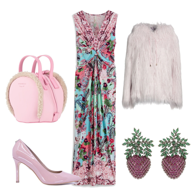 Outfit donna - Primavera style. Stile Glamour per Serata fuori. Abbinamento con vestiti lunghi, zaini, cappotti, orecchini, décolleté.