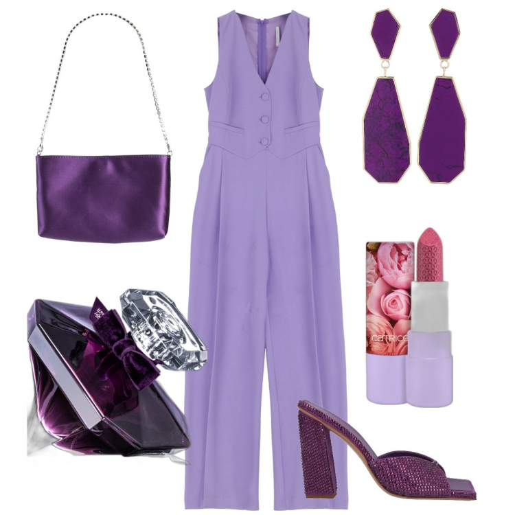 Outfit donna - Lavanda attitude. Stile Glamour per Cerimonia. Abbinamento con borse a mano, sandali in pelle, profumi, rossetti, tute, orecchini.