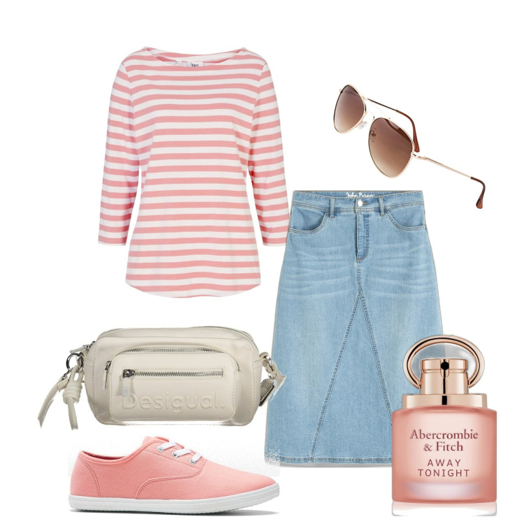 Outfit donna - Righe frizzanti. Stile Casual chic per Tutti i giorni. Abbinamento con occhiali da sole, gonne, sneakers, maglieria, profumi, borse a spalla.