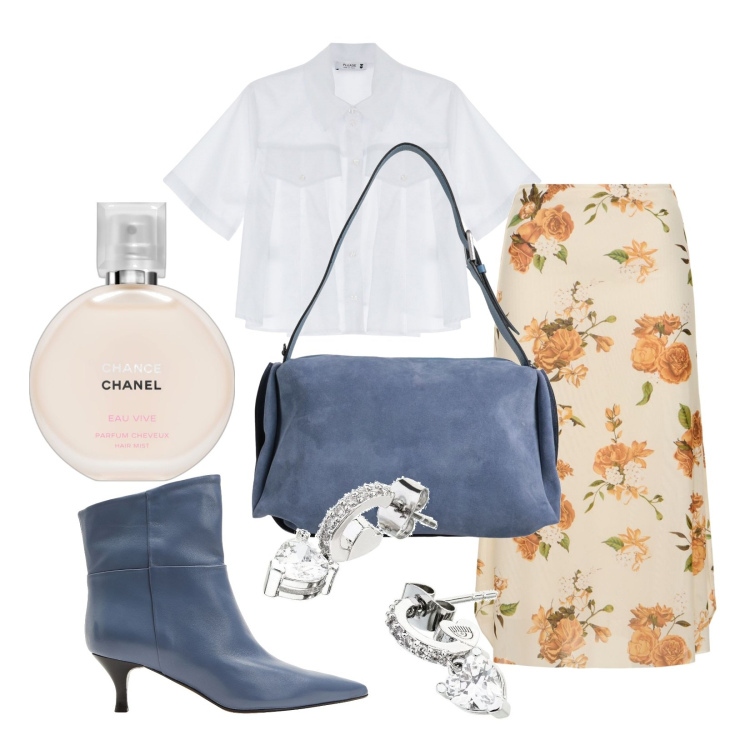 Outfit donna - Profumo fiorito. Stile Trendy per Tutti i giorni. Abbinamento con stivaletti, borse a spalla, orecchini, profumi, camicie a manica corta, gonne longuette.