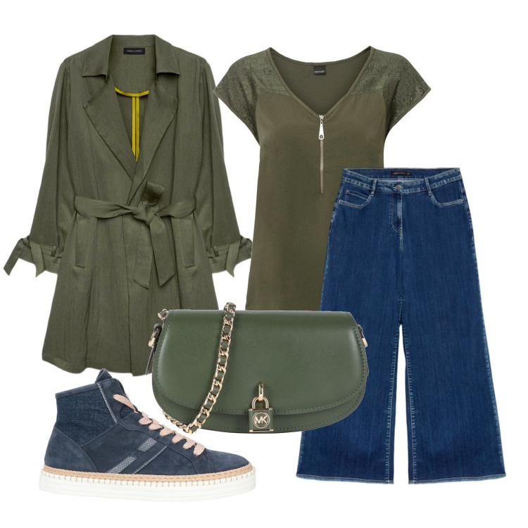 Outfit donna - Verde e blu. Stile Casual per Tutti i giorni. look ideale per Petite. Abbinamento con t-shirt, sneakers alte, borse a tracolla, trench, jeans.