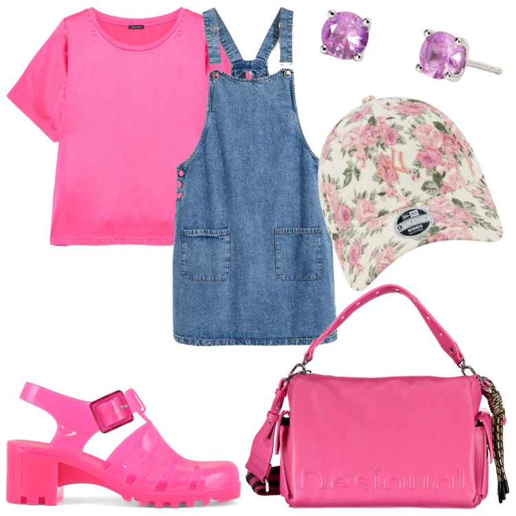 Outfit donna - Salopette e maglietta. Stile Casual per Tutti i giorni. Abbinamento con salopette, orecchini, sandali col tacco, borse a spalla, cappelli, bluse.