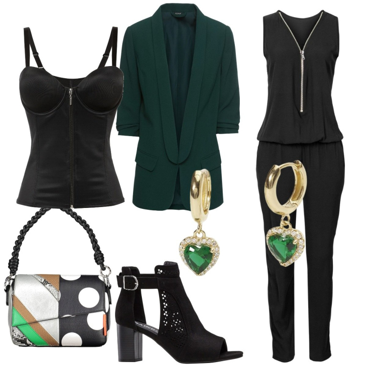 Outfit donna - La tuta comoda. Stile Casual chic per Tutti i giorni. Abbinamento con tute, blazer, sandali col tacco, body, orecchini, borse a spalla.