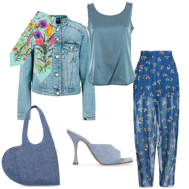 Outfit donna - Week-end. Stile Casual chic per Tutti i giorni. Abbinamento con pantaloni, foulard, shopping bag, pantofole, top, blazer.