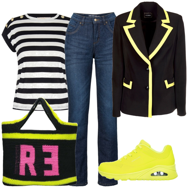 Outfit donna - Total look #1846527. Stile Basic per Tutti i giorni. Abbinamento con jeans dritti, t-shirt, blazer, shopping bag, sneakers.