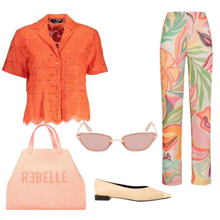 Outfit donna - Estate. Stile Glamour per Tutti i giorni. Abbinamento con ballerine, camicie a manica corta, pantaloni, occhiali da sole, shopping bag.