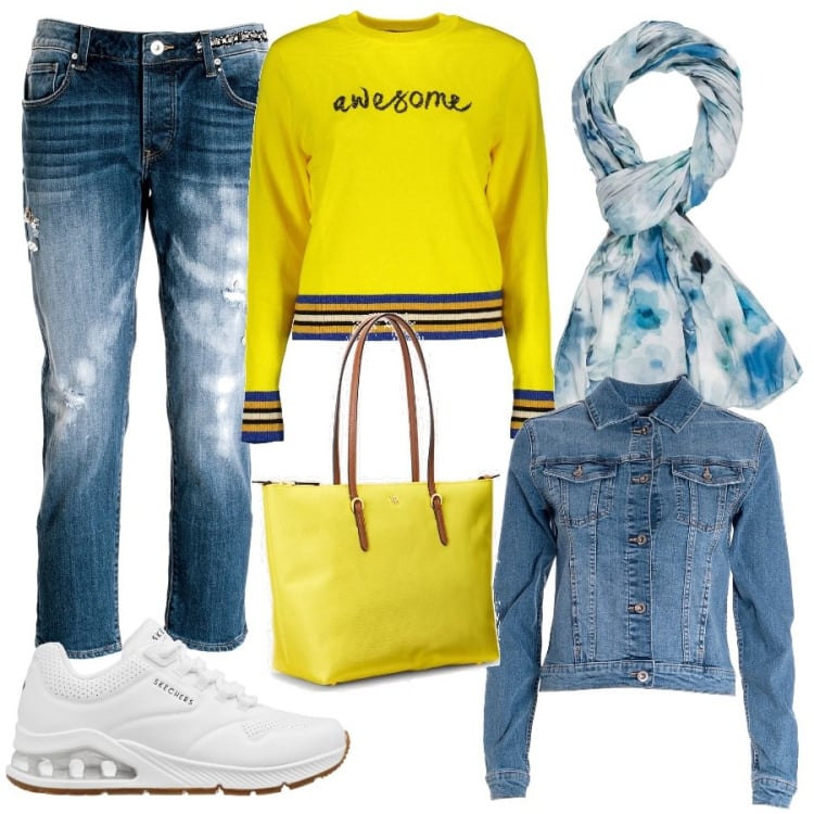 Outfit donna - Total look #1846535. Stile Urban per Tutti i giorni. Abbinamento con jeans, giacche, borse tote, maglieria, sneakers, sciarpe.