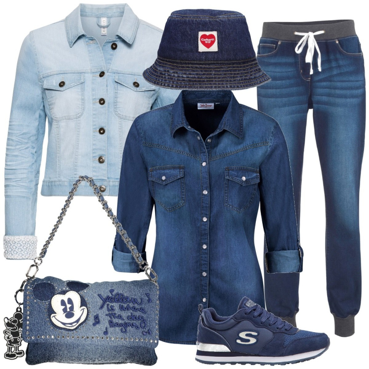 Outfit donna - Total jeans. Stile Casual chic per Tutti i giorni. Abbinamento con blazer, camicie, jeans boyfriend, sneakers, cappelli, borse a spalla.