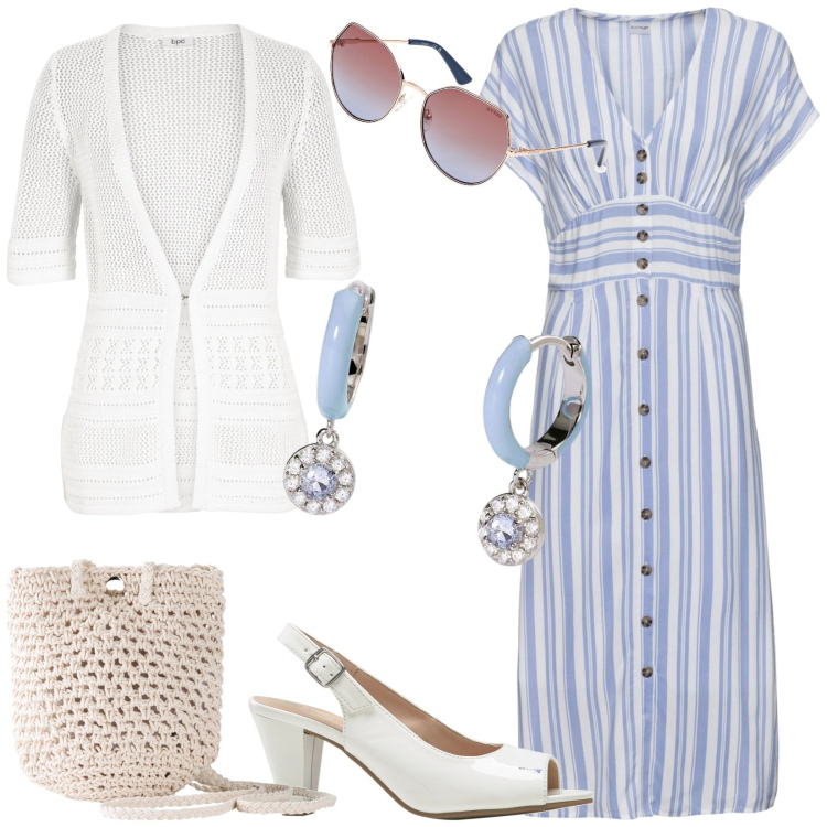 Outfit donna - Total look #1846547. Stile Casual chic per Tutti i giorni. look ideale per Tall. Abbinamento con vestiti, décolleté, cardigans, borse a tracolla, orecchini, occhiali da sole.