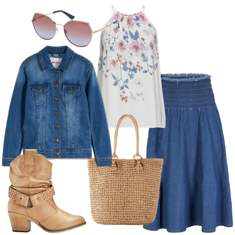 Outfit donna - Pasquetta 2024. Stile Etnico per Tutti i giorni. Abbinamento con top, blazer, gonne, stivaletti texani, shopping bag, occhiali da sole.