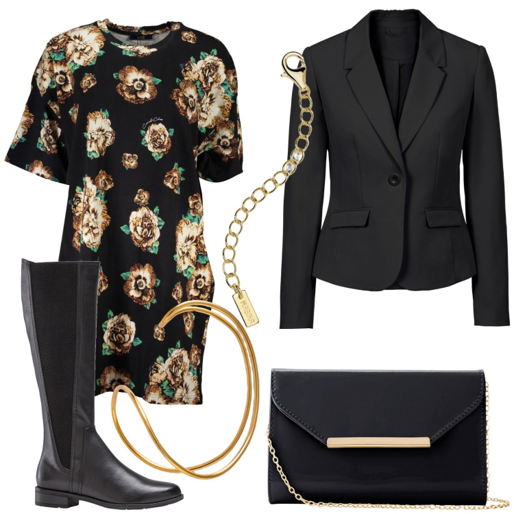 Outfit donna - Total look #1846578. Stile Casual chic per Tutti i giorni. Abbinamento con blazer, stivali sopra il ginocchio, pochette, collane, vestiti corti, braccialetti.