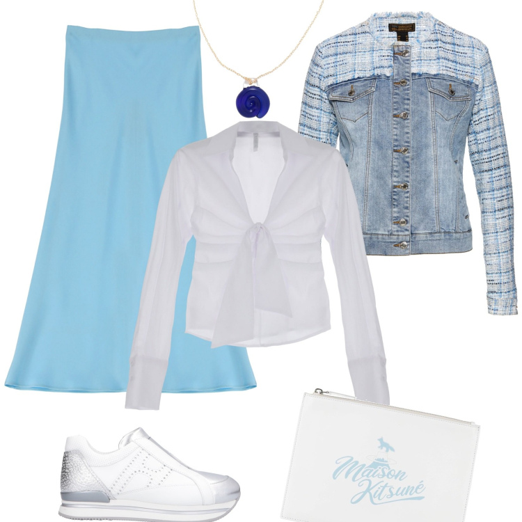 Outfit donna - Seta e denim, trendy e giovanile. Stile Trendy per Scuola/Università. Abbinamento con blazer, sneakers, collane, pochette, camicie, gonne longuette.