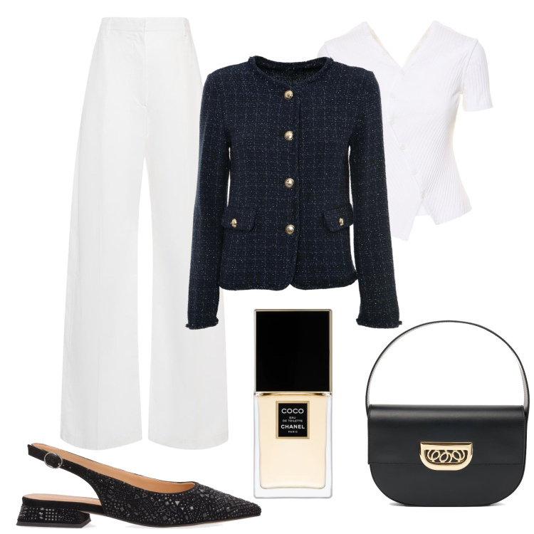 Outfit donna - Lo stile Chanel. Stile Chic per Serata fuori. Abbinamento con profumi, top, blazer, pantaloni, borse a spalla, ballerine.