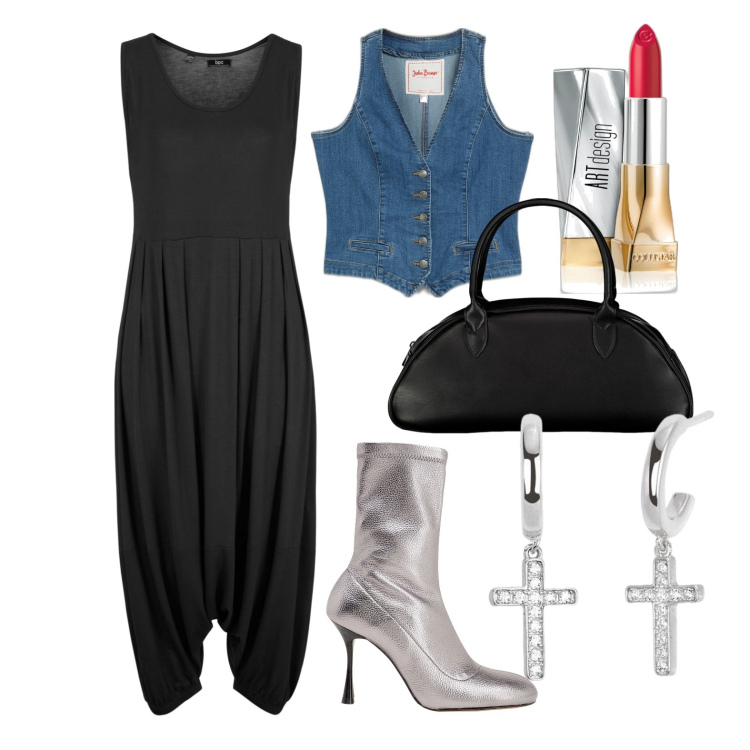 Outfit donna - Ghost outfitter - aprile. Stile Glamour per Tutti i giorni. Abbinamento con tute, gilet, stivaletti, rossetti, orecchini, borse a spalla.