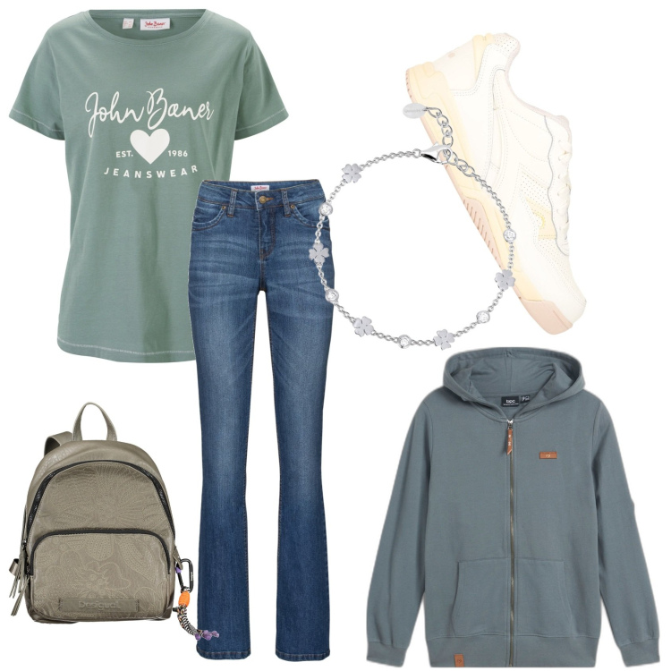 Outfit donna - Total look #1846601. Stile Basic per Scuola/Università. Abbinamento con sneakers, jeans bootcut, felpe con cappuccio, t-shirt, braccialetti, zaini.