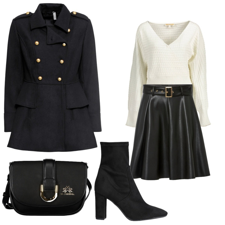 Outfit donna - A spasso con Silvia. Stile Trendy per Tutti i giorni. Abbinamento con gonne, cappotti, stivaletti, maglieria, borse a tracolla.