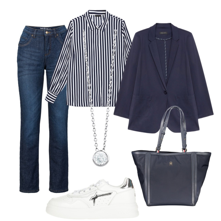 Outfit donna - Con classe semplice taglia over. Stile Sporty chic per Tutti i giorni. Abbinamento con jeans dritti, sneakers, collane, camicie, borse a spalla, blazer.