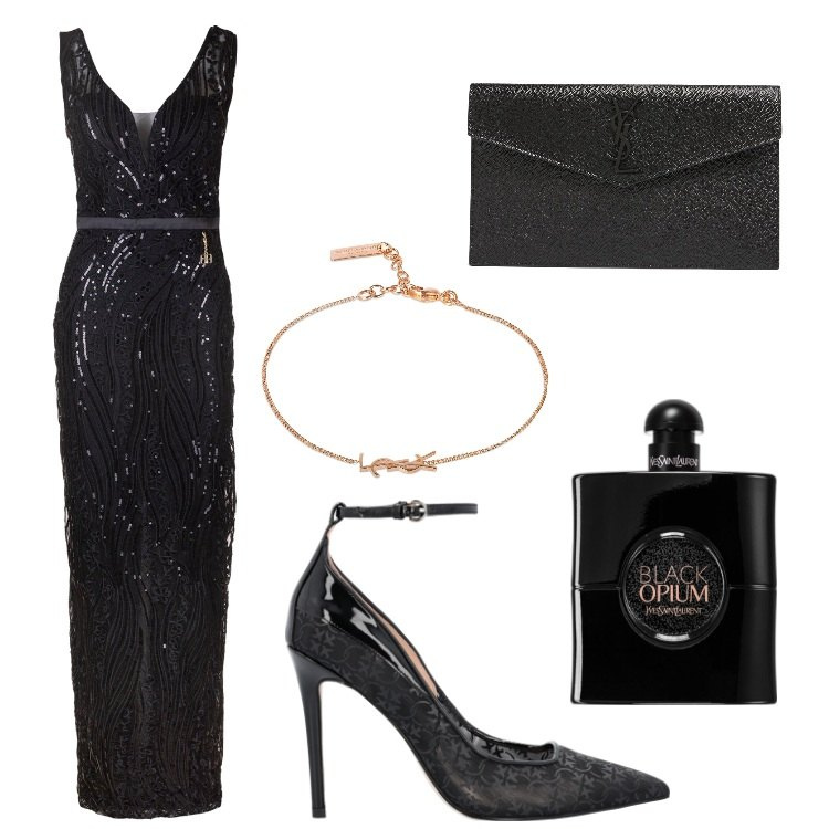 Outfit donna - i\'m my own muse. Stile Sexy per Serata fuori. Abbinamento con profumi, décolleté, vestiti lunghi, pochette, braccialetti.