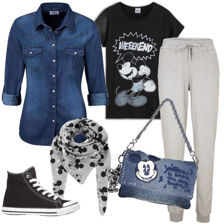 Outfit donna - Topolino che passione. Stile Urban per Tutti i giorni. Abbinamento con camicie, t-shirt, sneakers alte, pantaloni, foulard, borse a spalla.