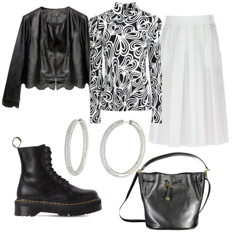 Outfit donna - Bianco e nero. Stile Casual chic per Tutti i giorni. Abbinamento con orecchini, blazer, t-shirt, stivali, gonne longuette, borse a secchiello.
